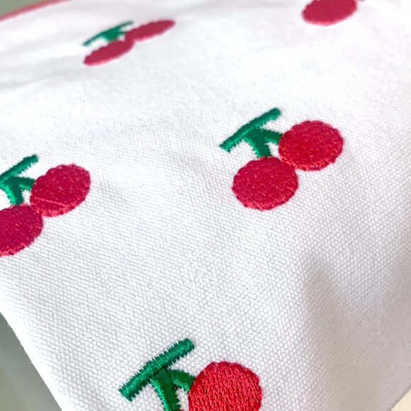 White Cotton Embroidered Red Cherry Cherries Zippered Pouch Cosmetic Travel Bag - Picture 4 of 7